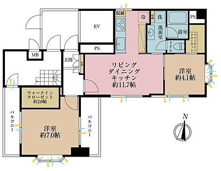 2LDK、専有面積54.89m2