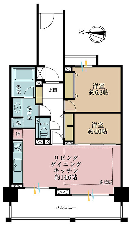 2LDK、専有面積60.31m2、バルコニー面積12.99m2