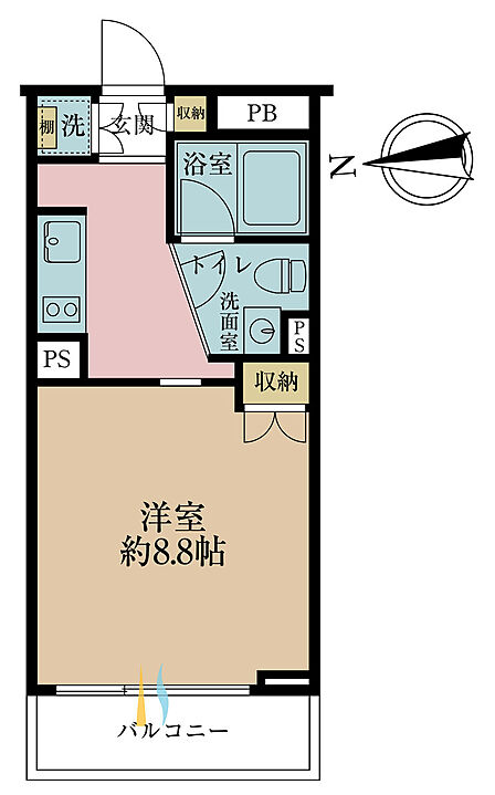 1K、専有面積27.72m2、バルコニー面積3.96m2
