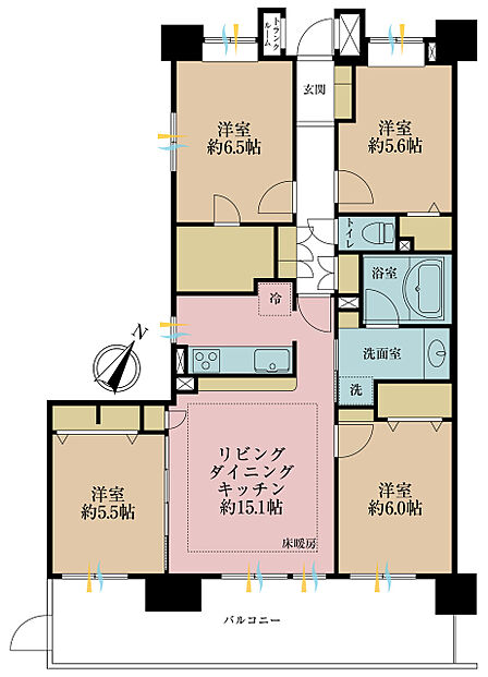 4LDK、専有面積90m2、バルコニー面積18.4m2