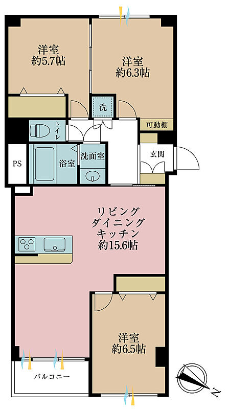 3LDK、専有面積69.45m2