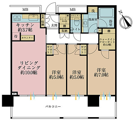 3LDK、専有面積73.48m2、バルコニー面積19.4m2
