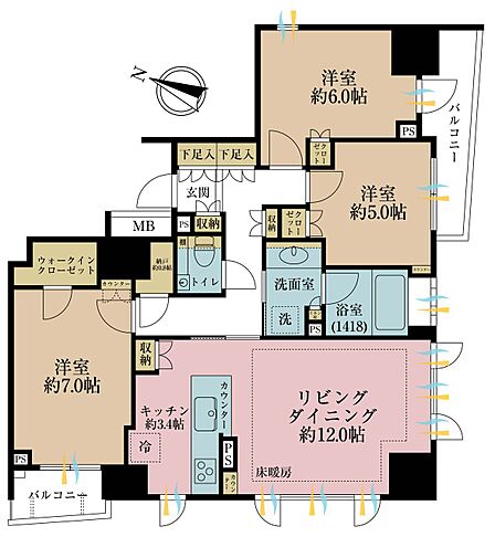 3LDK、専有面積77.25m2、バルコニー面積8.02m2