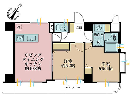 2LDK、専有面積53.46m2、バルコニー面積10.34m2