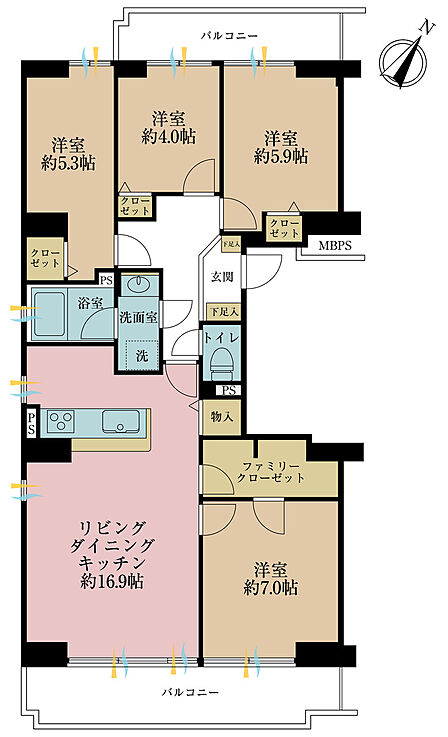 4LDK、専有面積87.06m2、バルコニー面積16.49m2