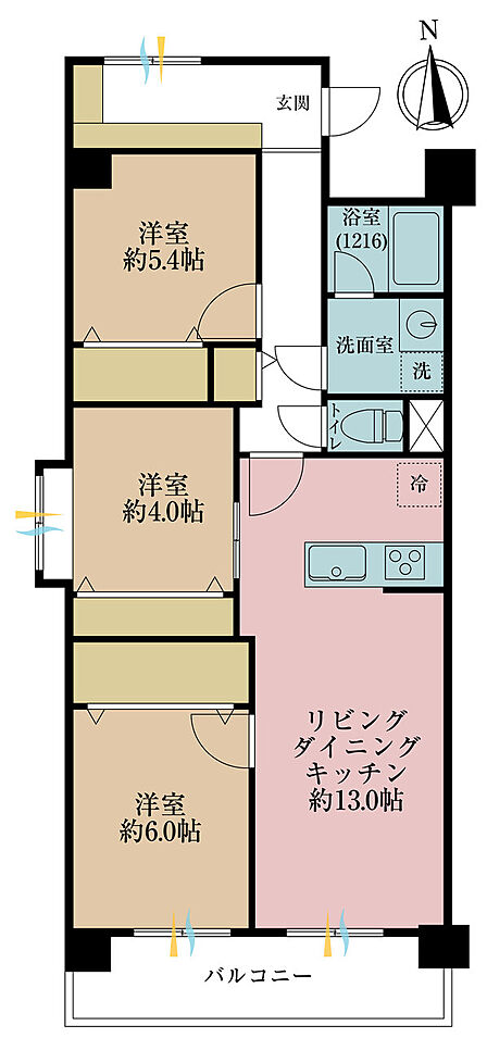 3LDK、専有面積72.38m2、バルコニー面積7.84m2