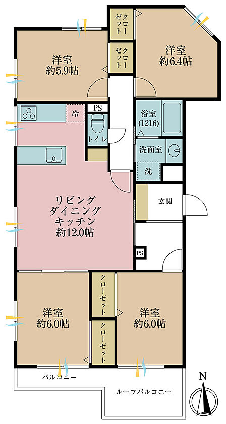 4LDK、専有面積86.76m2、バルコニー面積7.56m2