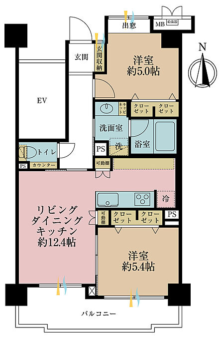 2LDK、専有面積55.14m2、バルコニー面積9.41m2