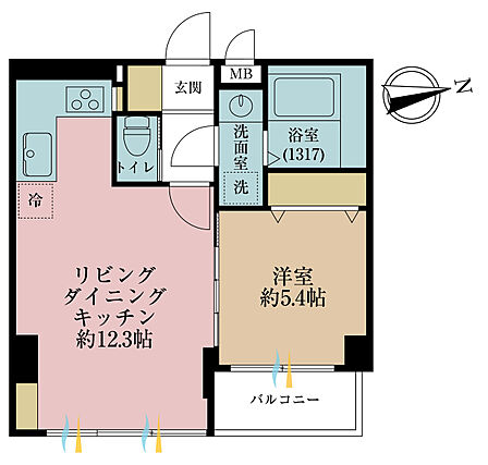 1LDK、専有面積38.91m2、バルコニー面積2.8m2