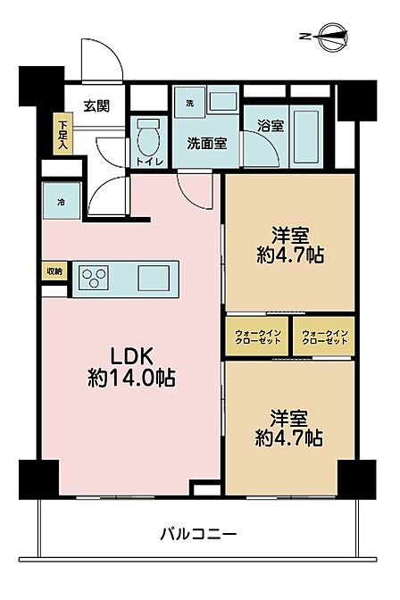 2LDK、専有面積57.96m2