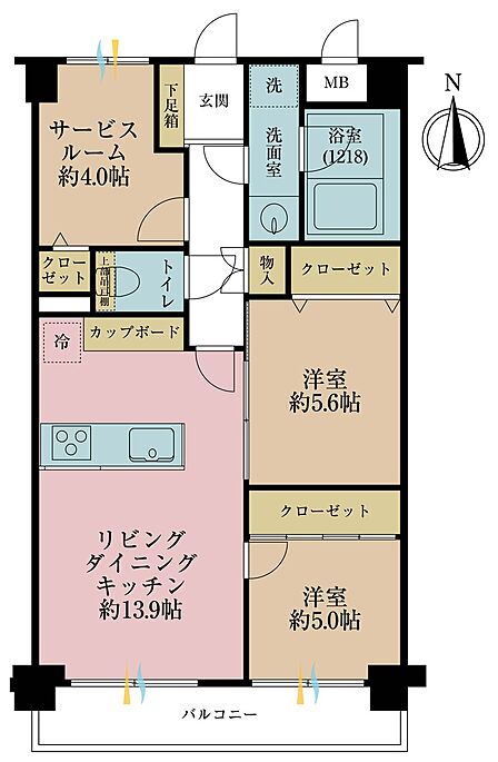 2LDK+S（納戸）、専有面積62.92m2、バルコニー面積7.28m2