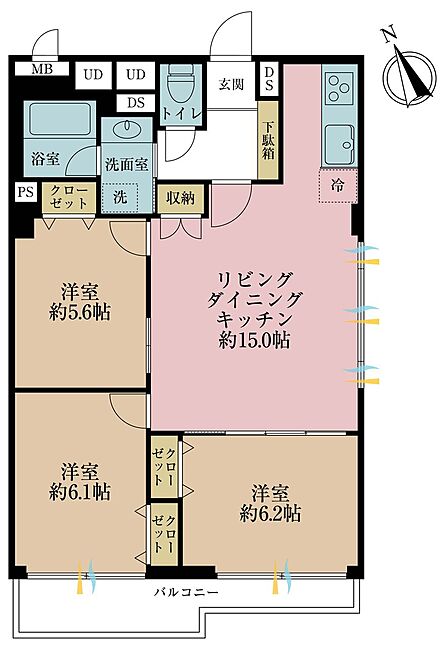 3LDK、専有面積70.82m2、バルコニー面積7.09m2