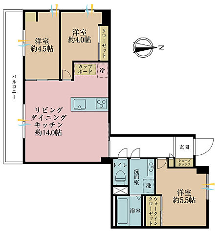 3LDK、専有面積58.81m2、バルコニー面積9.33m2