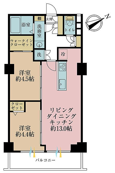2LDK、専有面積50.76m2、バルコニー面積5.4m2