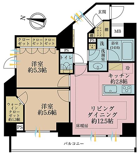 2LDK、専有面積59.29m2、バルコニー面積9.31m2