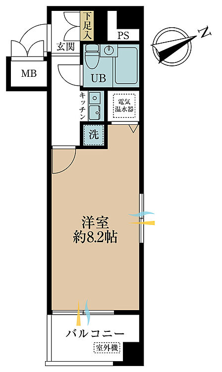 1K、専有面積26.25m2、バルコニー面積4.07m2