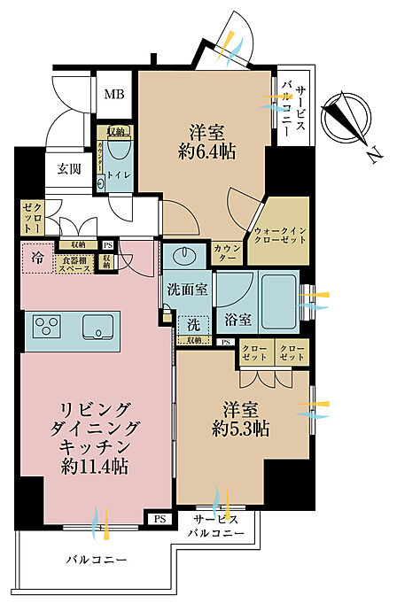 2LDK、専有面積55.1m2、バルコニー面積4.68m2