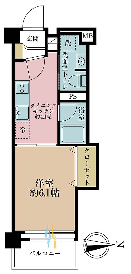 1DK、専有面積27.06m2、バルコニー面積3.01m2
