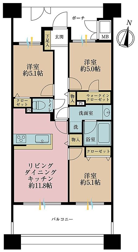 3LDK、専有面積63.69m2、バルコニー面積11.59m2