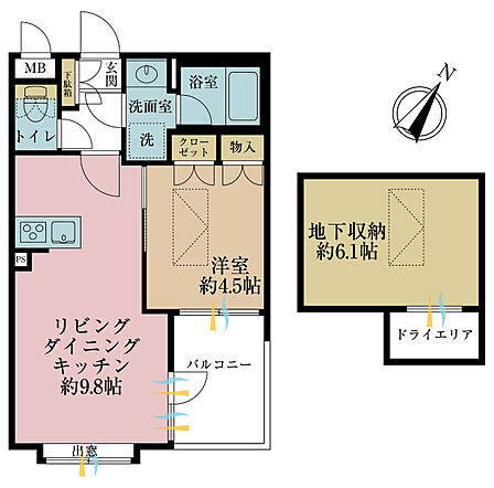 1LDK、専有面積34.23m2、バルコニー面積1.95m2