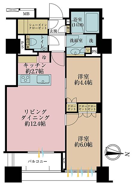 2LDK、専有面積57.88m2、バルコニー面積4.16m2