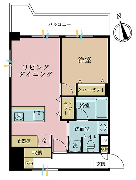 1LDK、専有面積43.54m2、バルコニー面積8.17m2
