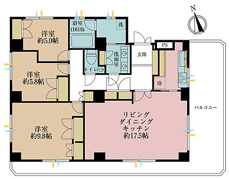 3LDK、専有面積104.13m2、バルコニー面積24.3m2