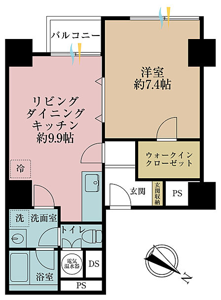 1LDK、専有面積43.86m2、バルコニー面積1.91m2