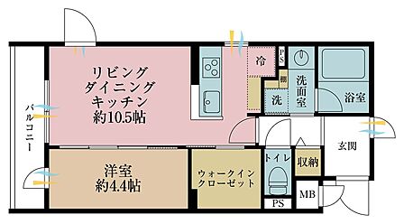 1LDK、専有面積40.58m2、バルコニー面積5.06m2
