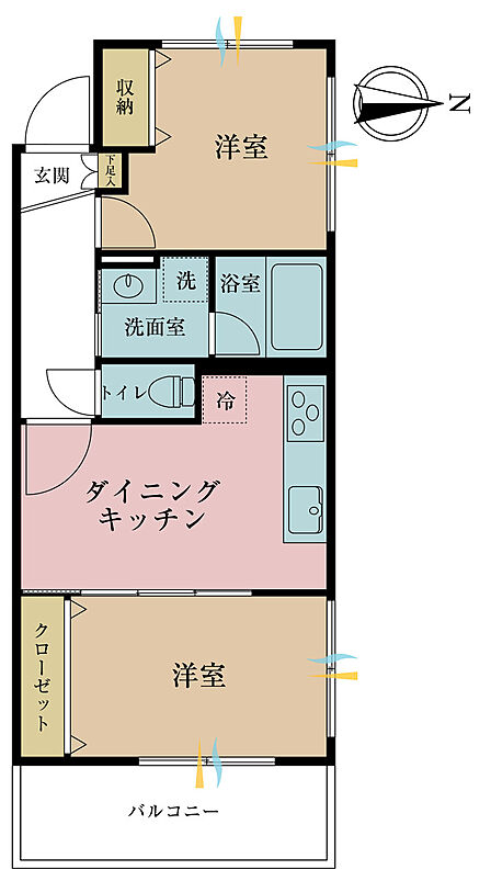 2DK、専有面積42.3m2、バルコニー面積4.4m2