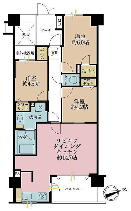 3LDK、専有面積65.91m2、バルコニー面積6.27m2