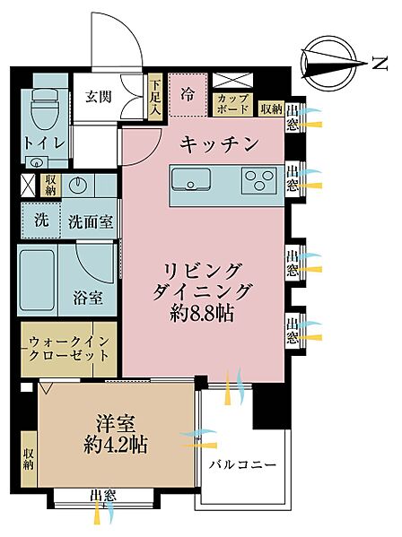 1LDK、専有面積32.91m2、バルコニー面積3.49m2