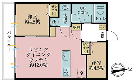 2LDK、専有面積42.12m2