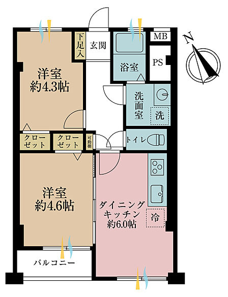2DK、専有面積45.36m2