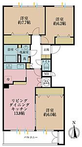 間取り:3LDK、専有面積74m2、バルコニー面積7.57m2 間取り:3LDK、専有面積74m2、バルコニー面積7.57m2
