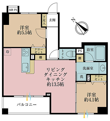 2LDK、専有面積53.55m2、バルコニー面積5.85m2