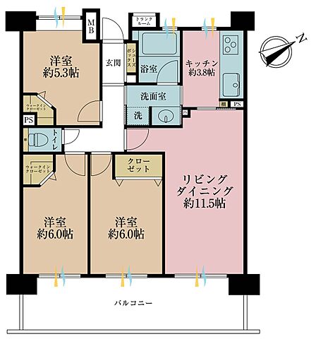 3LDK、専有面積72.5m2、バルコニー面積16.2m2