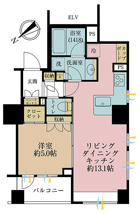 1LDK、専有面積46.14m2、バルコニー面積3.88m2