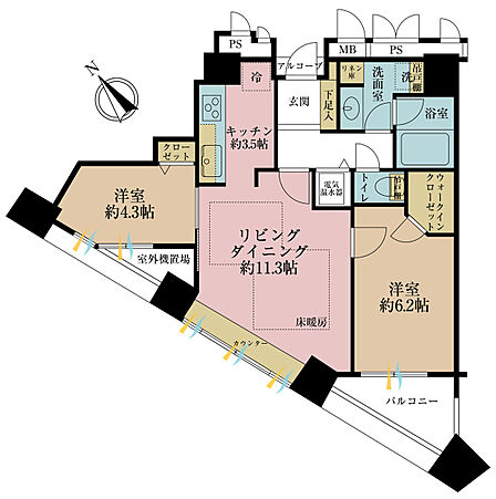 2LDK、専有面積59.11m2、バルコニー面積4.27m2