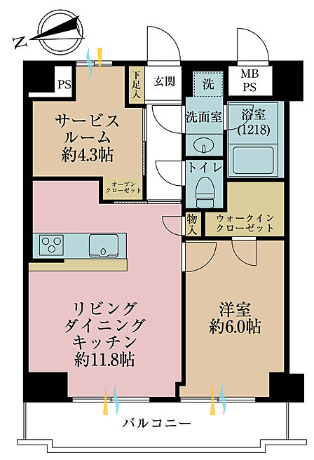 1LDK+S(納戸)、専有面積51.03m2、バルコニー面積7.02m2