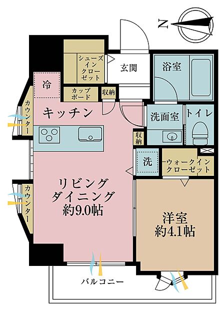 1LDK、専有面積34.93m2、バルコニー面積3.91m2