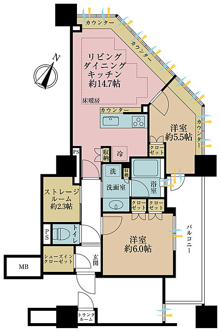 2LDK、専有面積64.13m2、バルコニー面積9.1m2