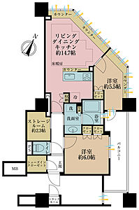 間取り:2LDK、専有面積64.13m2、バルコニー面積9.1m2 間取り:2LDK、専有面積64.13m2、バルコニー面積9.1m2