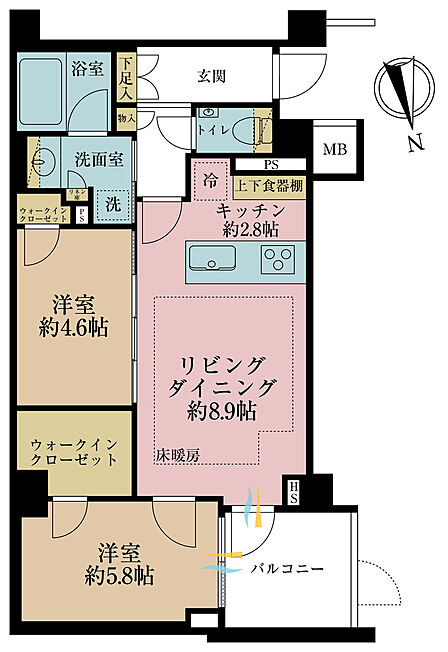 2LDK、専有面積54.65m2、バルコニー面積5.31m2
