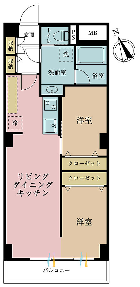 2LDK、専有面積45.62m2