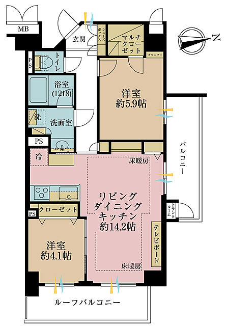 2LDK、専有面積58.18m2、バルコニー面積7.12m2