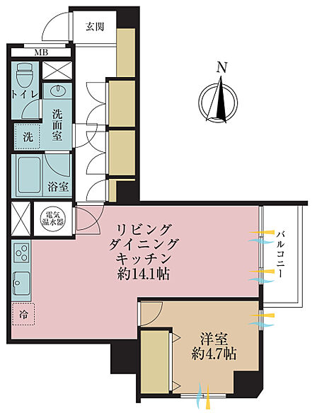 1LDK、専有面積53.26m2、バルコニー面積3.66m2