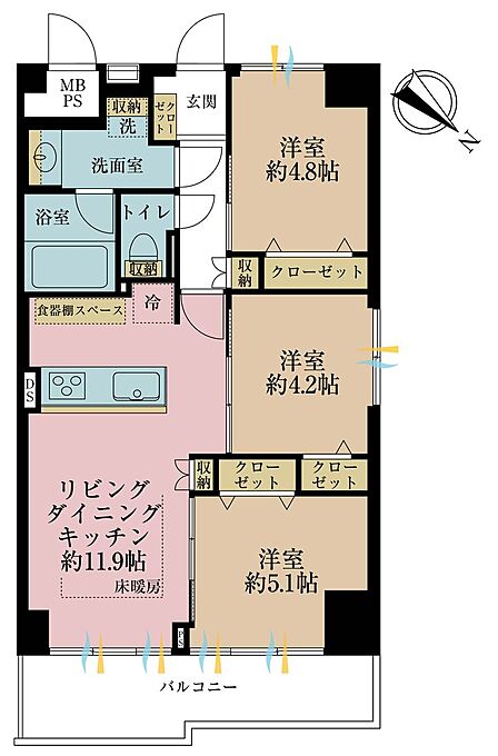 3LDK、専有面積58.8m2、バルコニー面積7.8m2