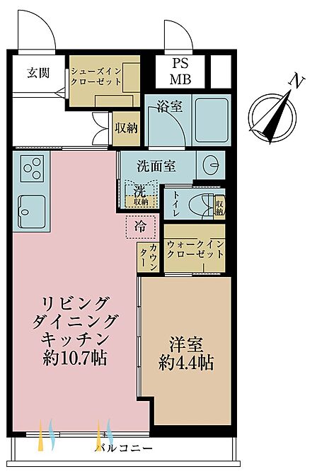 1LDK+S(納戸)、専有面積41.36m2、バルコニー面積2.66m2
