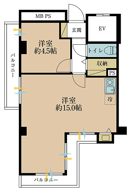 1LDK、専有面積43.14m2、バルコニー面積9.48m2